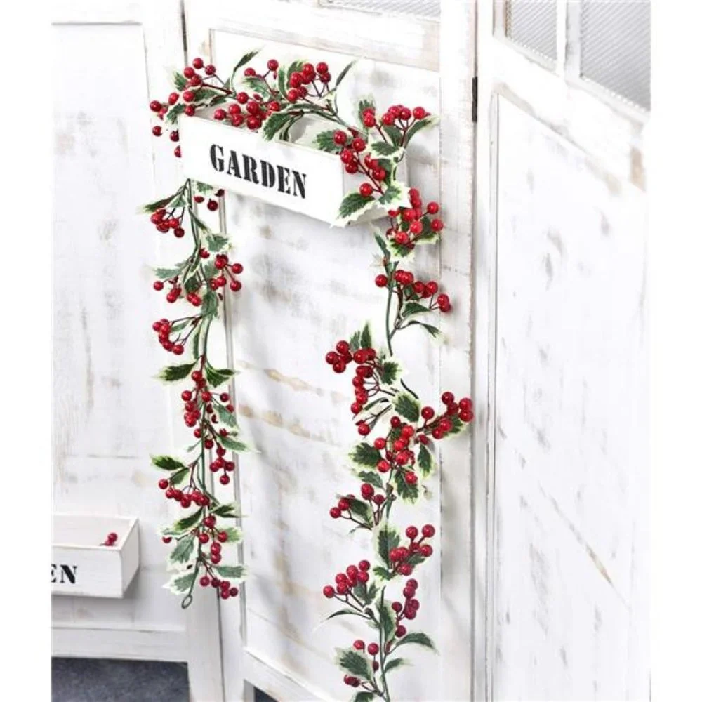 6Ft Red Berry Christmas Garland with Green Leaves, Flexible Artificial